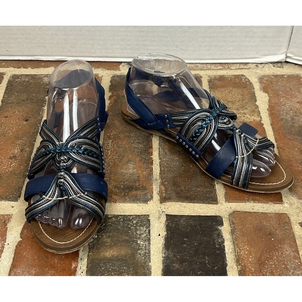 MIU MIU Navy Blue Leather Sandals Strappy Flat Italian Silver Women's 7.5